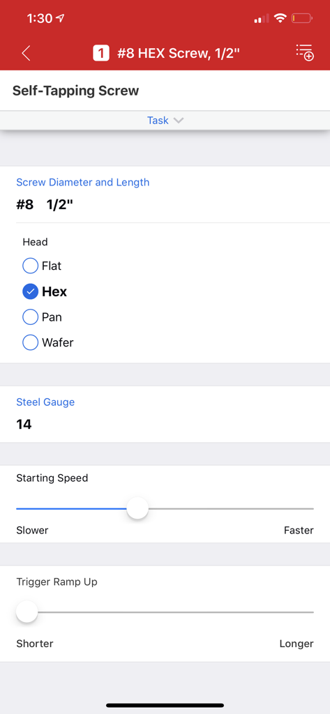Milwaukee ONE KEY app interface for customizing tool performance for self tapping screws