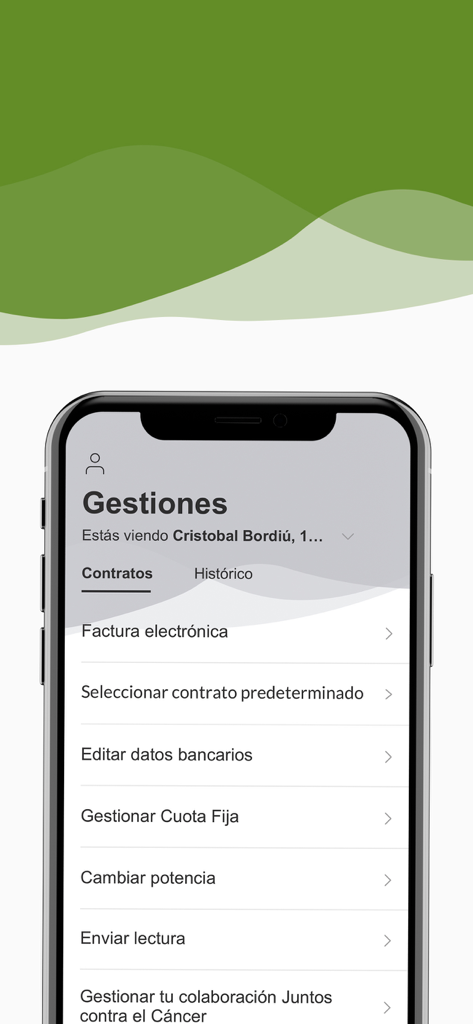 Curenergía - Menu di gestione dell'app Curenergia con opzioni di contratto e fatturazione