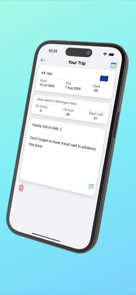 Mobile screen showing Schengen trip details for Italy with entry and exit dates and remaining days count
