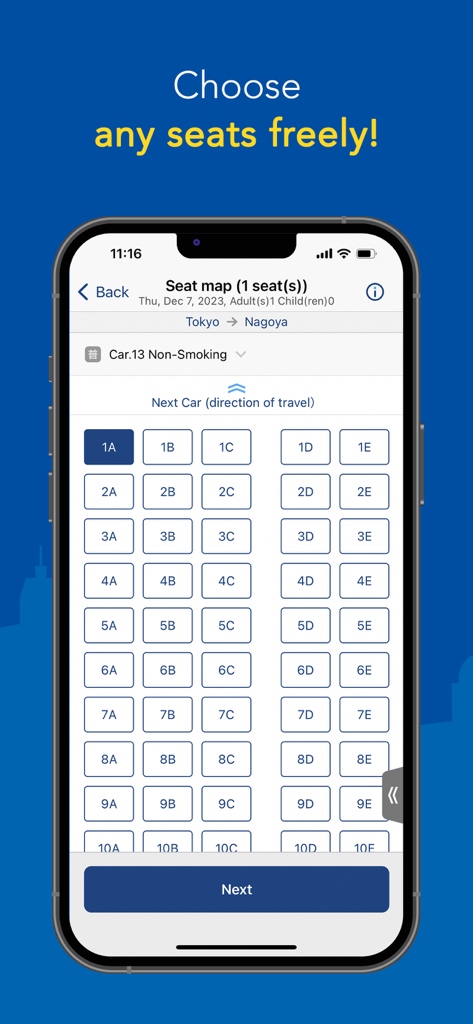 Shinkansen smartEX App - Écran de sélection de la carte des sièges dans l'application Shinkansen smartEX montrant les sièges de train disponibles pour un voyage de Tokyo à Nagoya