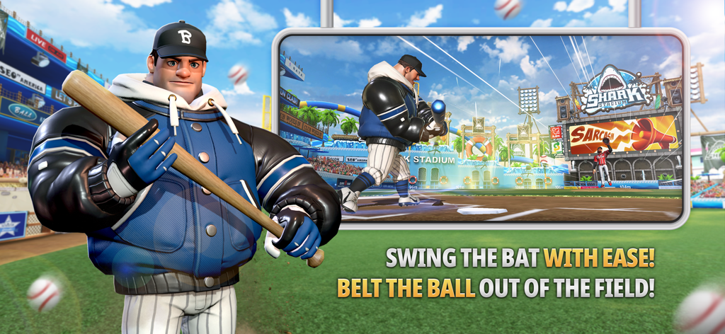 파란 재킷을 입은 근육질 야구 선수가 경기장 화면 앞에서 방망이를 들고 있습니다.