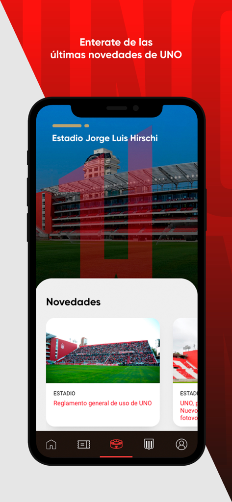 UNO - UNO app mobile interface displaying news and updates for the Estadio Jorge Luis Hirschi stadium.