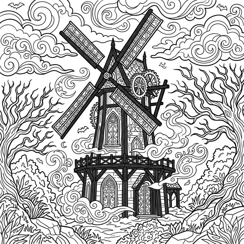Step into a world of dark beauty with this intricate Gothic Drainage Windmill coloring page. Its detailed Victorian architecture and mysterious landscape invite you to explore a unique artistic vision.