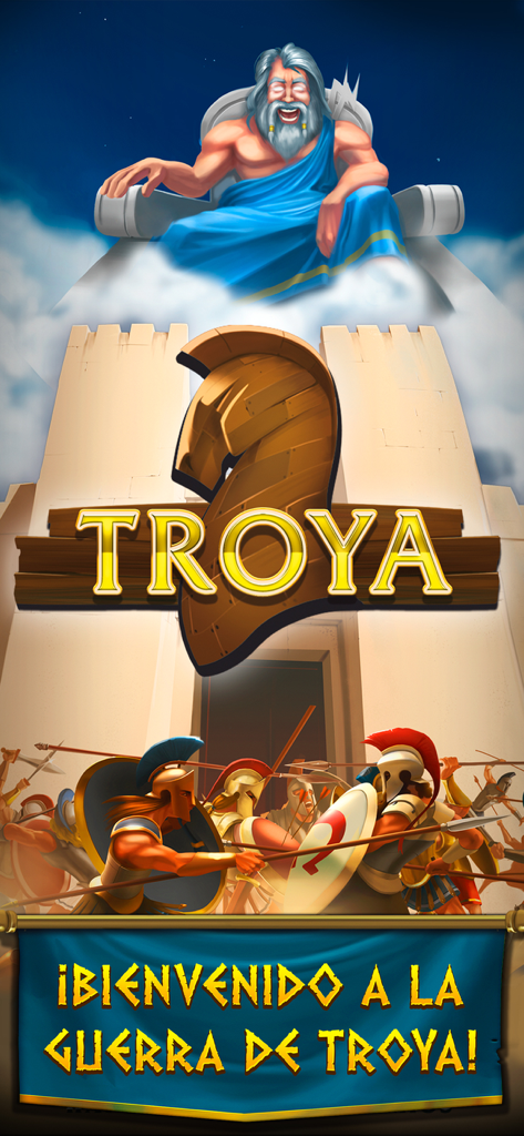 Troya - Máquina Tragaperras - Intro screen for Troya slot machine app featuring Zeus on a throne and Trojan warriors in battle