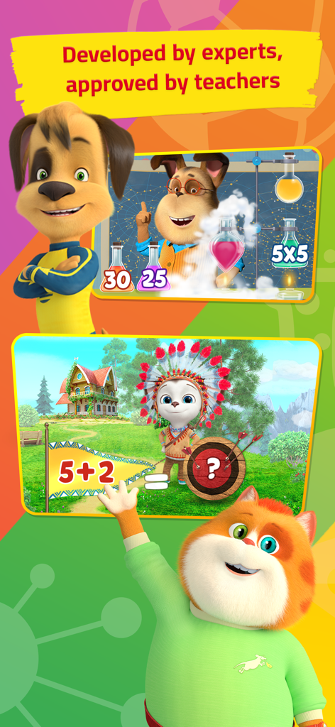 Math Learning game for kids 1C - Pädagogische Mathe-App für Kinder mit Cartoon-Hundefiguren und interaktiven Mathe-Rätseln mit einem von Lehrern zugelassenen Banner.