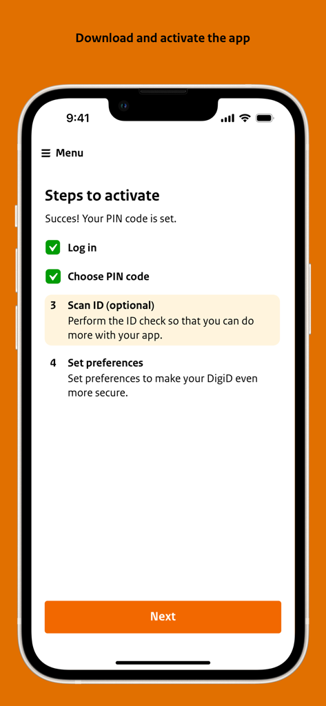 DigiD - Smartphone screen displaying the four steps to activate the DigiD digital identity app.