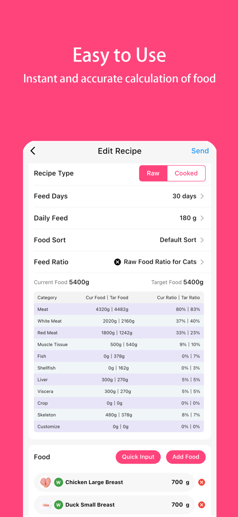 Pet Diary - Record Pet’s Life - Pet Diaryアプリのインターフェース。手作りペットフードのレシピの詳細な栄養計算ツールを示しています。