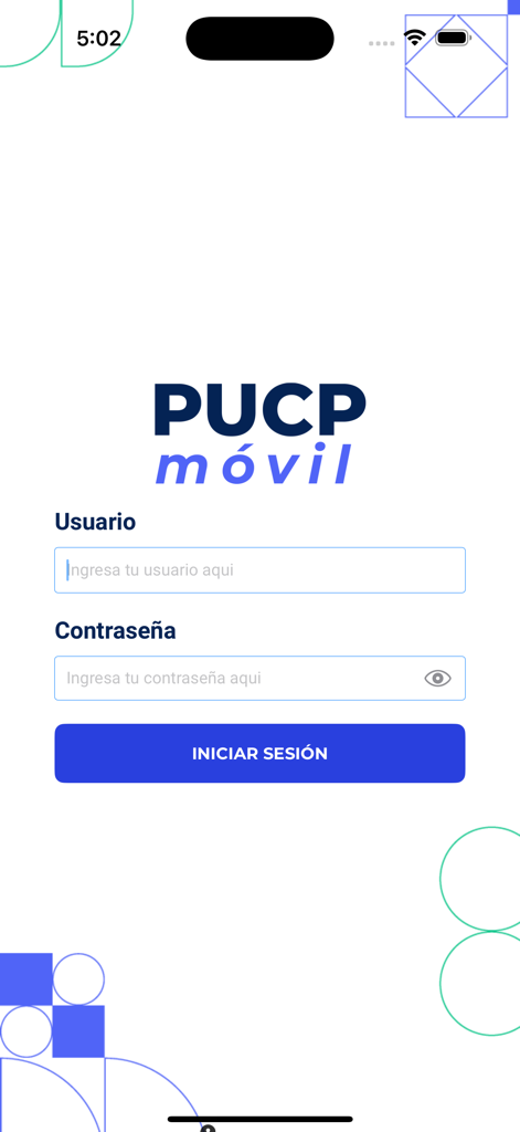 PUCP Móvil - Página de inicio de sesión de la aplicación estudiantil PUCP Movil que muestra campos para nombre de usuario y contraseña