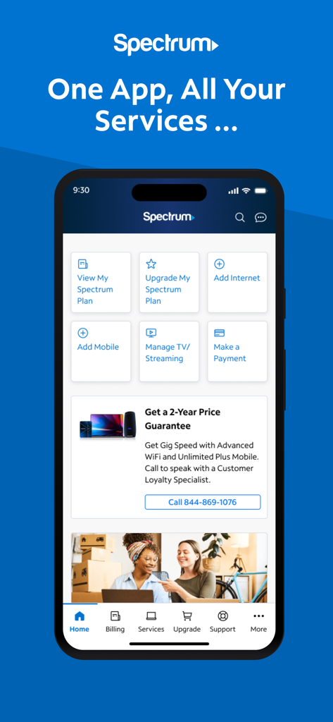 Uno schermo di smartphone che mostra la dashboard dell'app My Spectrum con opzioni per piani di fatturazione e aggiornamenti di servizio.