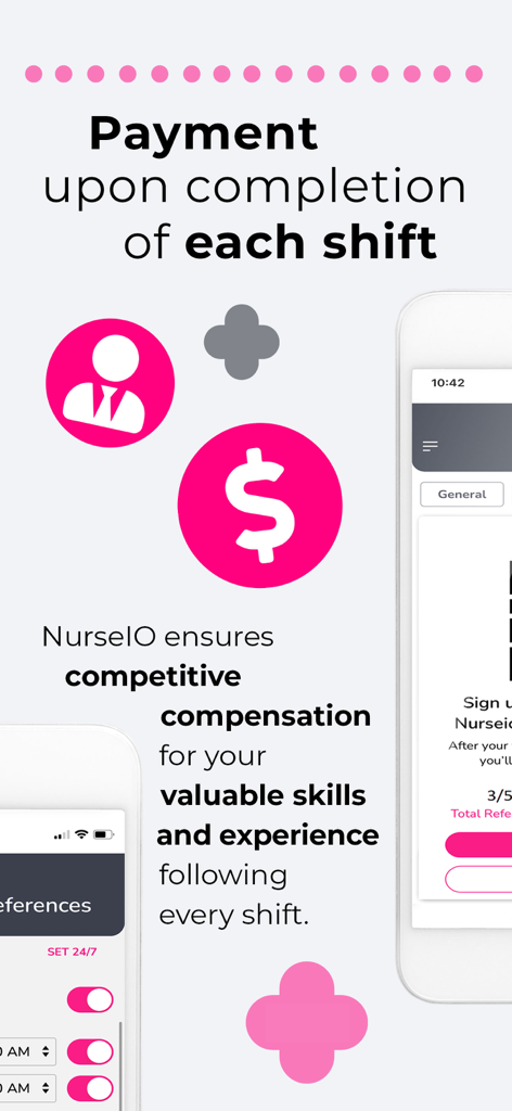 NurseIO - App screen for NurseIO highlighting instant payment for healthcare professionals after every shift
