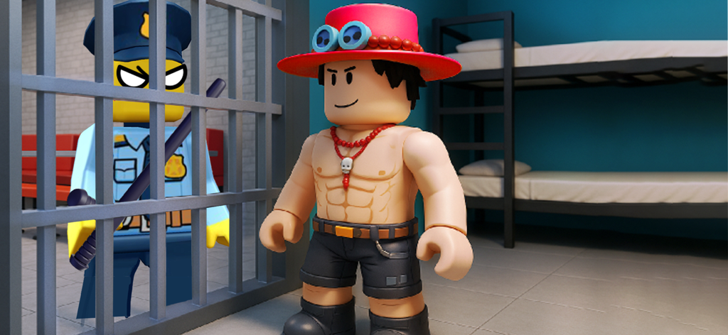 Prison Blox: Obby 3D Parkour - Un personaje cuadriculado con un sombrero rojo está dentro de una celda de prisión con un oficial de policía custodiando los barrotes