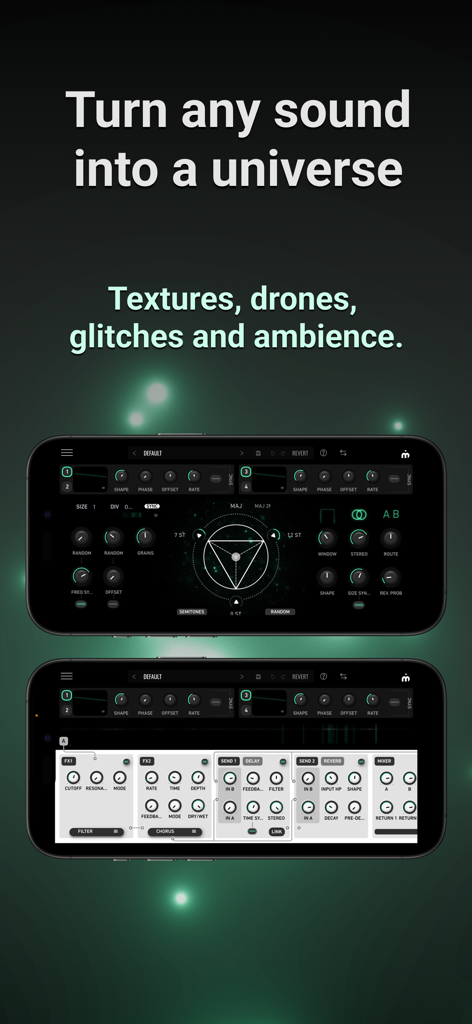 GRFX - Granular Effects - The user interface of the GRFX Granular Effects music app on two iPhones showing sound design controls and audio processing modules.