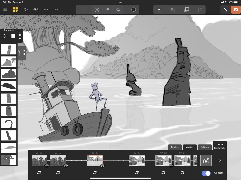 Oberfläche der App Mental Canvas Draw, die eine räumliche Skizze und Animationslesezeichen zeigt
