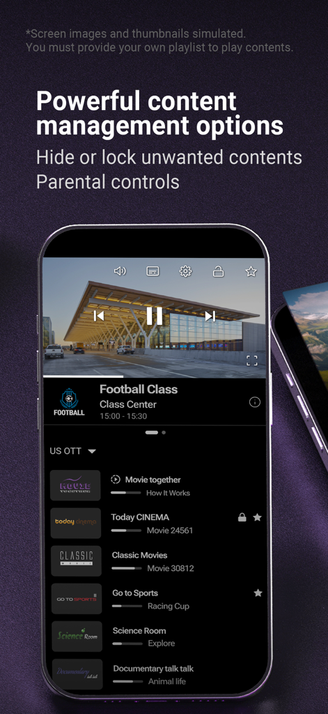 MYTVOnline plus mobile app interface showing content management options like locking and hiding channels with parental controls