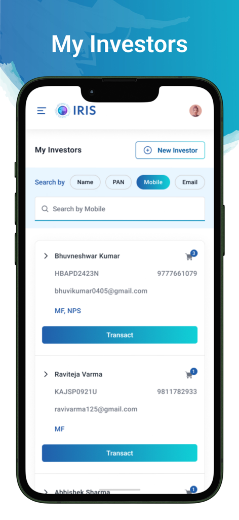 IRIS by Kfintech - Pantalla de gestión de inversores de la aplicación IRIS by Kfintech que muestra una lista de clientes buscable y opciones de transacción