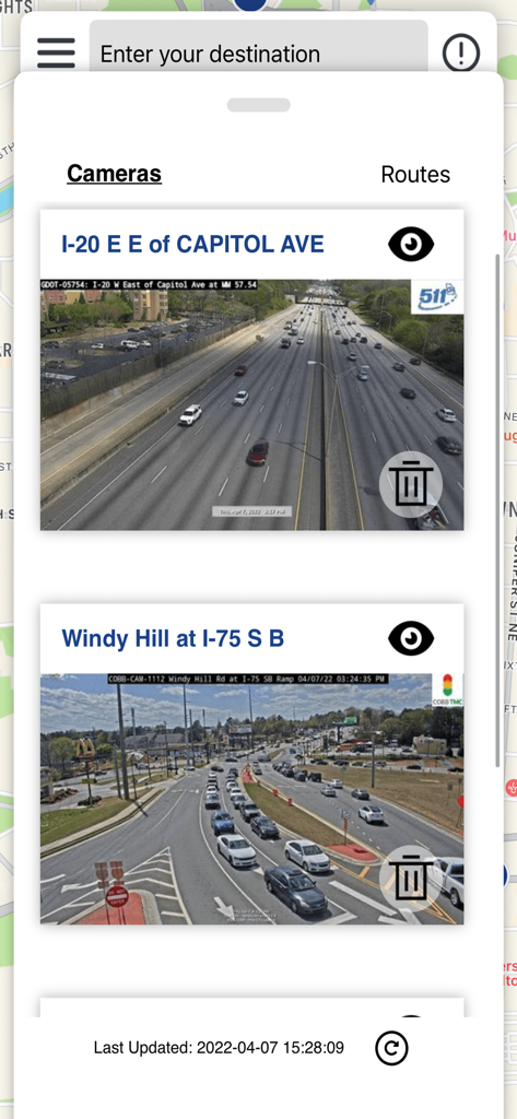 Mobile app interface of 511 Georgia showing real-time traffic camera feeds for I-20 and I-75 highways.