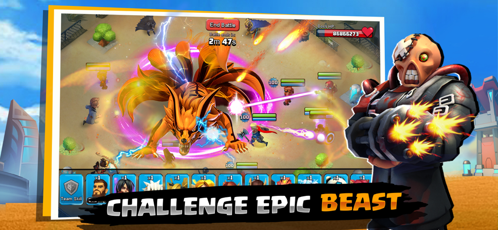 X-War: Clash of Zombies - Gameplay screenshot of X-War Clash of Zombies showing heroes battling a giant orange multi-tailed fox boss with the text Challenge Epic Beast