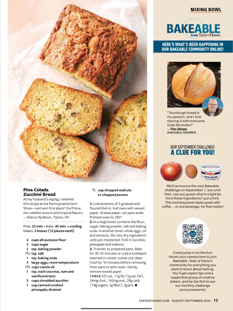 Taste of Home Magazine - Pina Colada Zucchini Bread recipe page in the Taste of Home Magazine app featuring instructions and community baking tips.