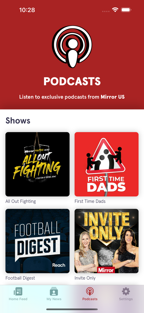 Mirror US - Podcasts section of the Mirror US app featuring shows like Football Digest and First Time Dads