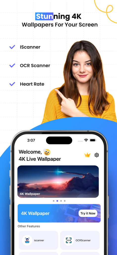 Live HD Wallpapers Background - Interfaz de la aplicación Fondos de Pantalla Animados HD mostrando imágenes 4K y herramientas de escaneo en un iPhone.