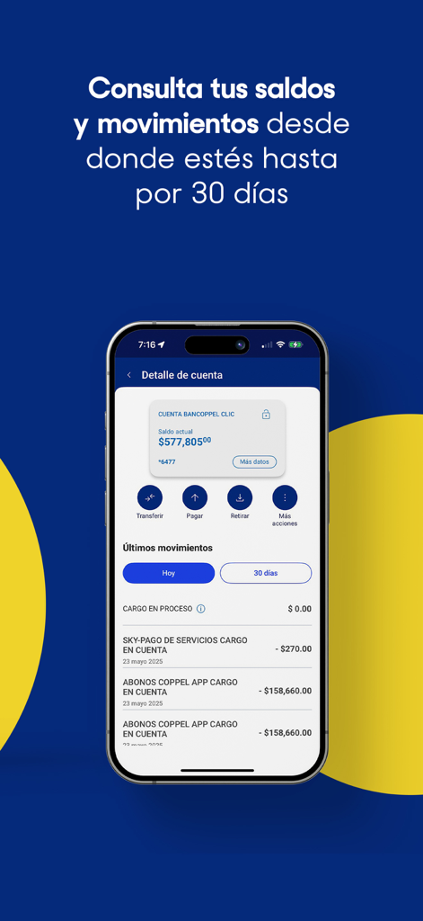 BanCoppel mobile app screen displaying account balance and recent transaction history