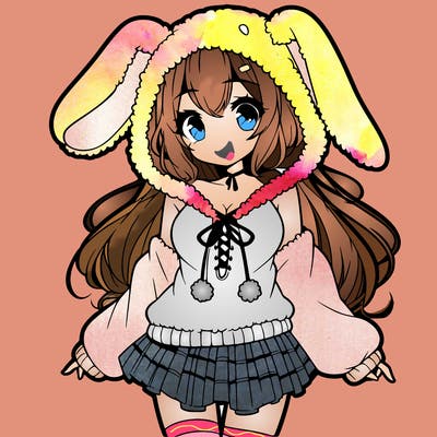 pretty anime girl wearing a fluffy hoodie with bunny ears on the hood and a skirt