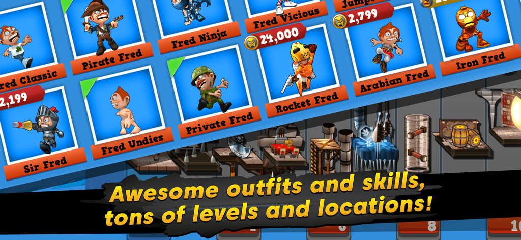 Running Fred - Running Fred character selection screen with various outfits and skins