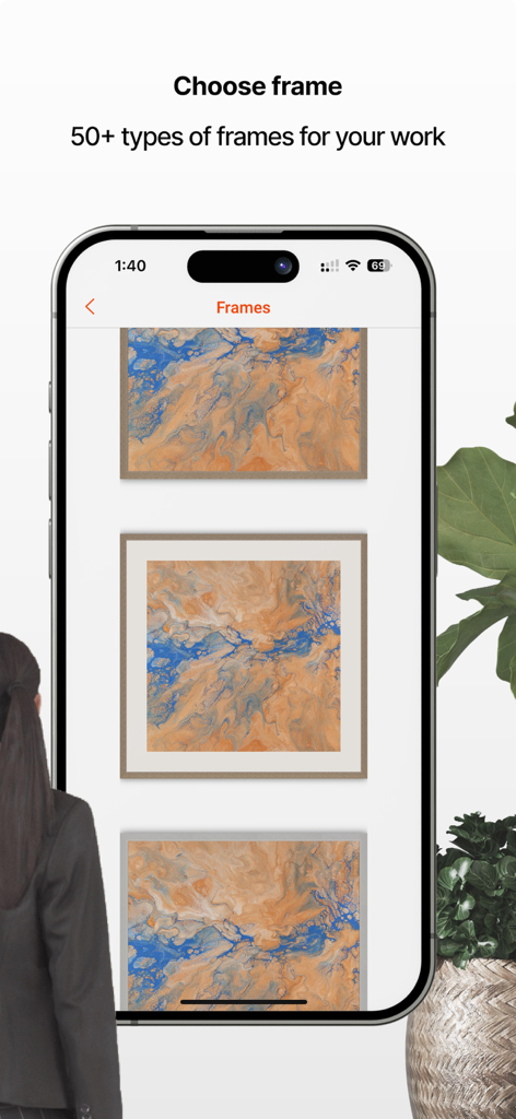 Artmywall app screen showing different frame styles for an abstract painting