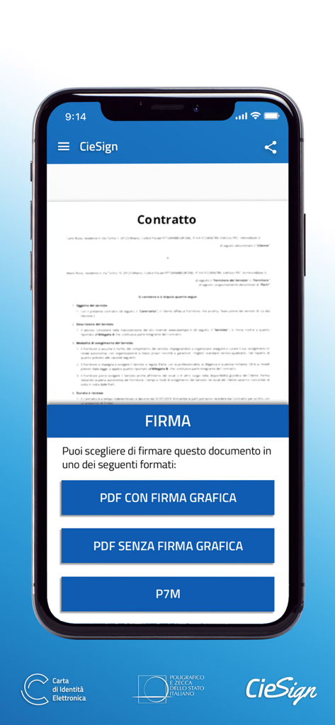 CieSign - Schermata dell'app CieSign che mostra le opzioni per firmare un contratto in formato PDF o P7M