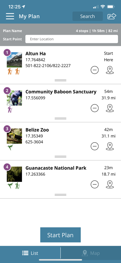 Travel Belize - 알툰 하 및 벨리즈 동물원 등 벨리즈 전역의 여러 장소가 포함된 맞춤 여행 일정을 보여주는 모바일 앱 화면