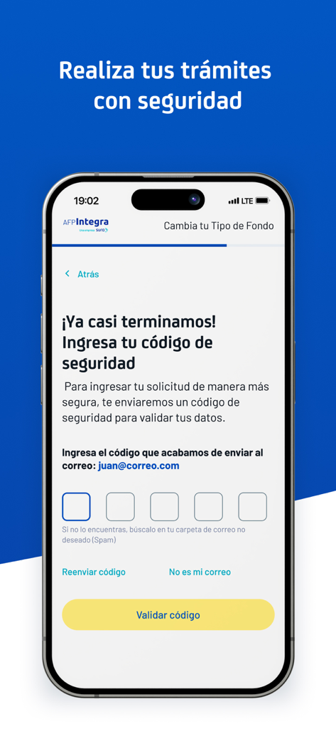 AFP Integra - Schermata di verifica del codice di sicurezza dell'app mobile AFP Integra