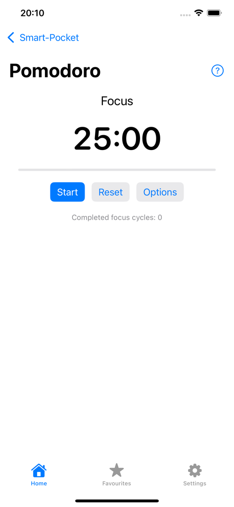 Smart-Pocket - Interfaz de la aplicación Smart-Pocket que muestra el temporizador de enfoque Pomodoro configurado en 25 minutos