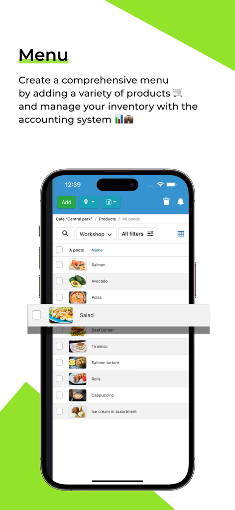 SkyPOS Cloud POS - SkyPOS app interface showing a comprehensive menu and inventory management screen with food items