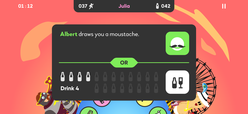 King of Booze 2 Drinking Game - A gameplay screenshot of King of Booze 2 showing a choice between a drawing dare and drinking four units.