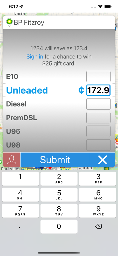 User interface of Petrol Spy Australia app for reporting and submitting real time petrol prices at a gas station