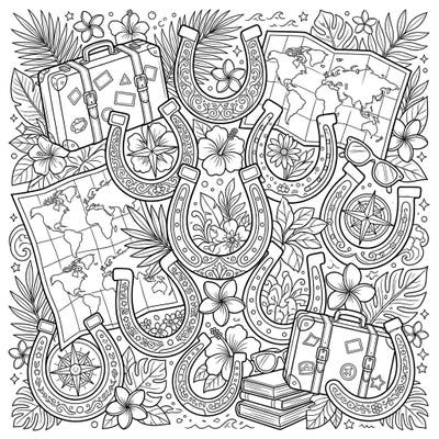 Embark on a delightful coloring journey with this intricate design featuring lucky horseshoes intertwined with charming vacation elements. Find your good fortune amidst tropical flowers, world maps, and vintage travel suitcases.