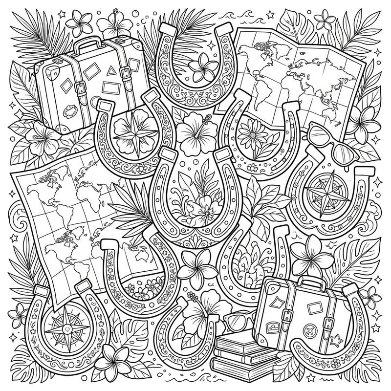 Embark on a delightful coloring journey with this intricate design featuring lucky horseshoes intertwined with charming vacation elements. Find your good fortune amidst tropical flowers, world maps, and vintage travel suitcases.