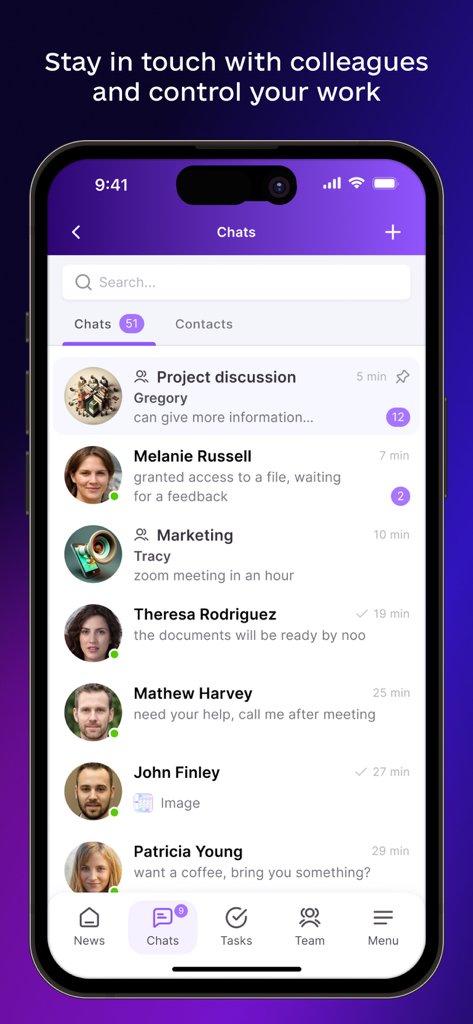 Uspacy mobile app interface displaying the Chats screen with a list of team messages and colleague profiles