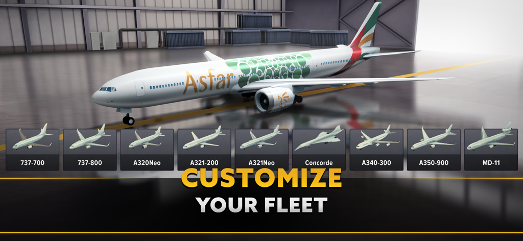 Aircraft fleet customization menu showing various 3D plane models including Concorde and Airbus in Airport Simulator Plane City