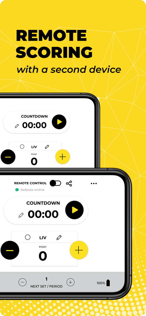SportCam - Video & Scoreboard - Interfaccia mobile per il controllo del punteggio da remoto e del tabellone segnapunti su due dispositivi.