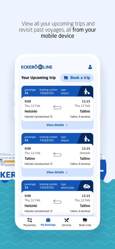 Eckerö Line - 今後のフェリーチケット予約と旅行の詳細を表示するEckerö Lineモバイルアプリのインターフェース。