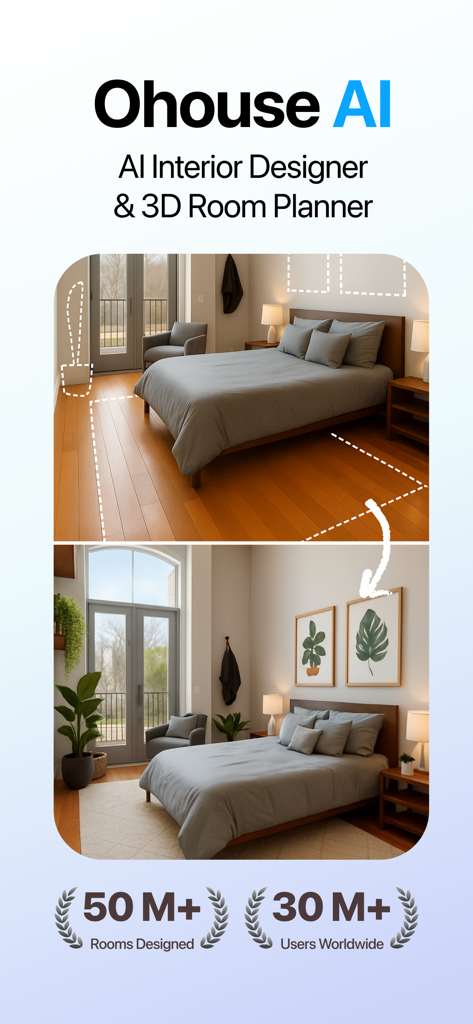 AI Interior & 3D Room Planner - Pantalla de la aplicación Ohouse AI que muestra un dormitorio antes y después de una transformación de diseño de interiores con IA