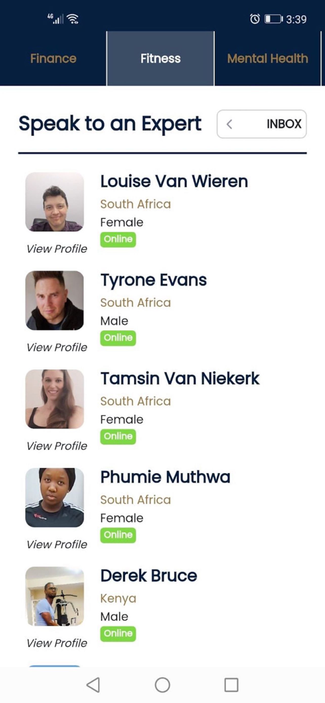 My Company Wellness - A list of fitness experts available for consultation within the wellness app