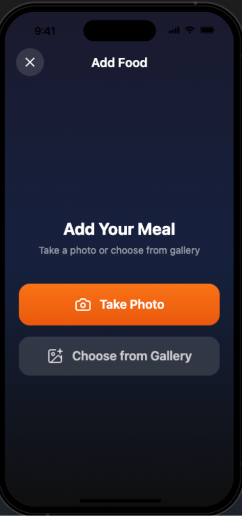 Macros Snap App-Oberfläche zum Hinzufügen einer Mahlzeit mit Schaltflächen zum Aufnehmen eines Fotos oder Auswählen aus der Galerie.