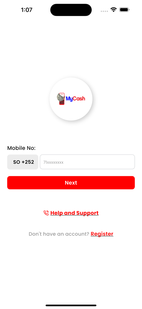 MyCash Subscriber - Anmeldebildschirm der MyCash Subscriber Mobile App mit einem Feld für die Telefonnummer und dem Ländercode Somalia sowie einem Registrierungslink