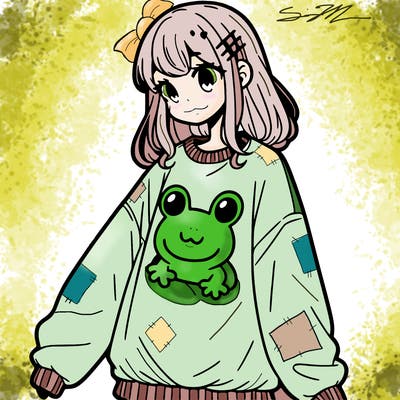 girl wearing frogging sweatshirt