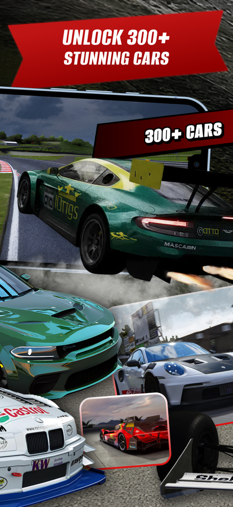 AssoRacing Assetto Corsa Mods - AssoRacing app screenshot showcasing a variety of high performance racing cars with text to unlock over 300 cars