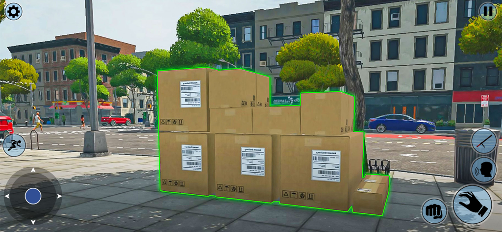 Fun Supermarket Simulator Game - Una pila de cajas de entrega de cartón en una acera en un juego de simulación de supermercado