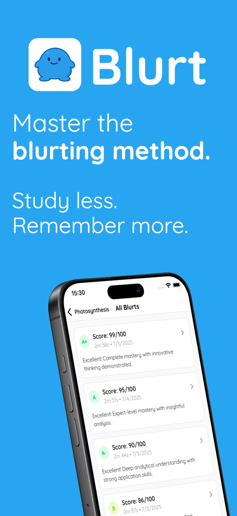 Smartphone displaying the Blurt app with a history of study scores and active recall results