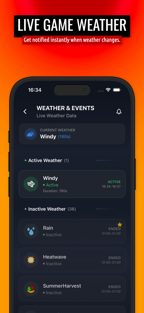 GAG Stocks - Live weather and events tracker screen in the GAG Stocks app
